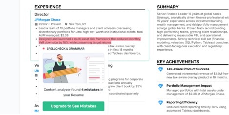 Enhancv mistakes checker showing resume errors and improvement areas