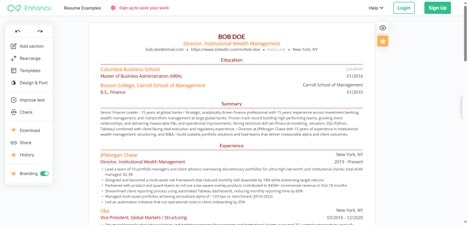 Enhancv resume builder showing personal branding features and customization