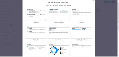 Enhancv sections editor showing customizable resume sections and layouts