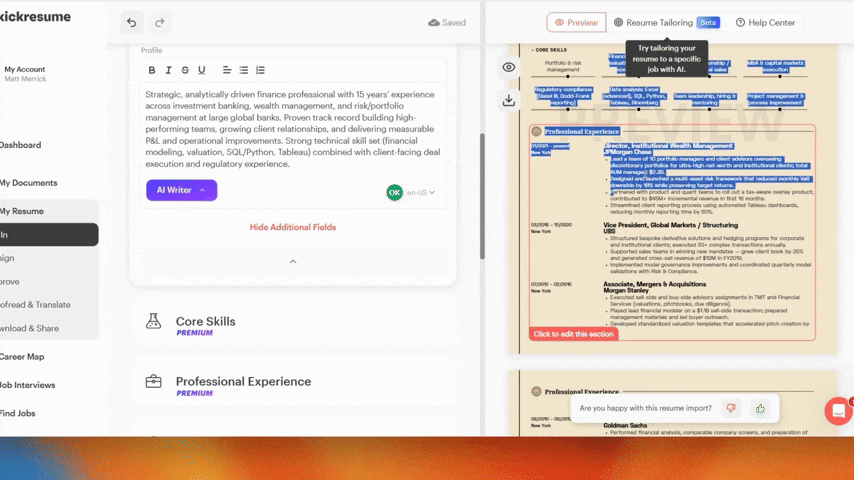 Kickresume inline AI editing showing real-time content suggestions and improvements