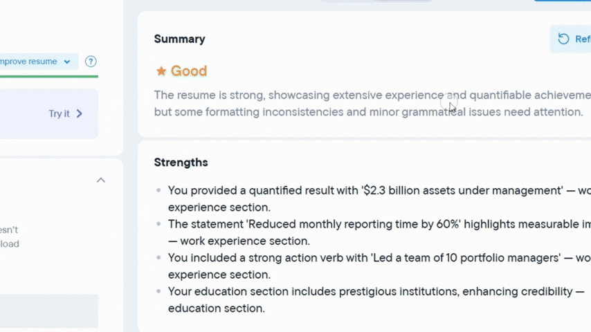 Resume.io AI recommendations interface showing content improvement suggestions