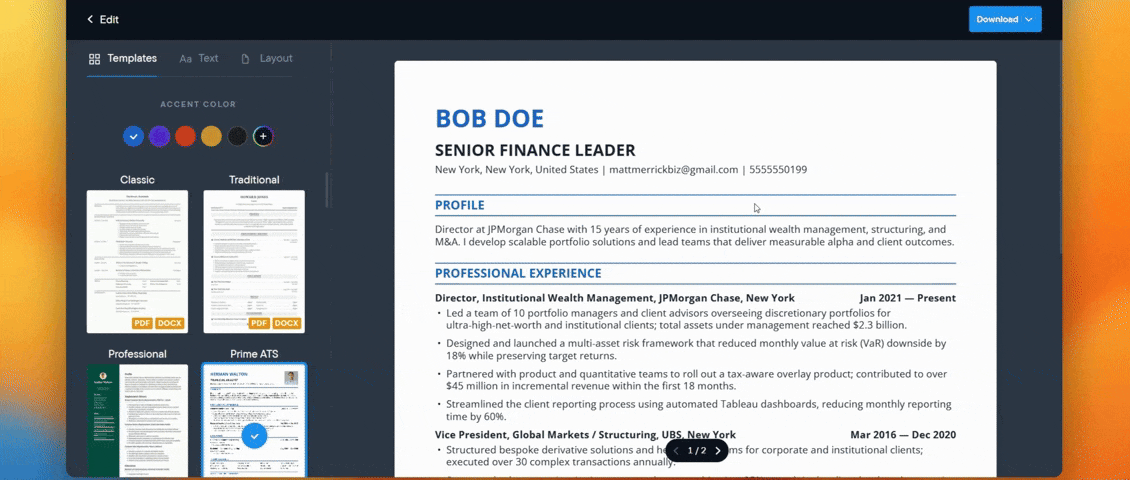 Resume.io design templates showing quick style, color, and font customization