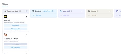 Resume.io job board showing the job search and tracking interface