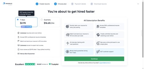 Resume.io pricing showing $2.95 for 7-day access with 500+ templates