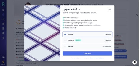 Rezi pricing plans showing monthly at $29, quarterly at $19/month, and lifetime at $149