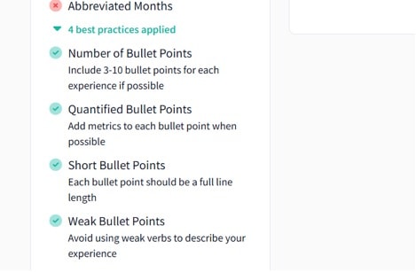 Rezi score interface showing content, format, optimization, best practices, and application ready metrics