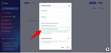 Rezi resume upload interface showing the upload screen with drag and drop functionality