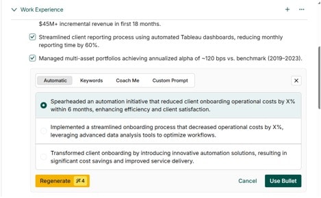 Teal AI bullet generation showing automated bullet point creation and suggestions