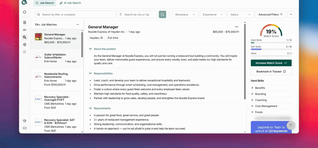 Teal job matching demo showing how to improve match score in real-time